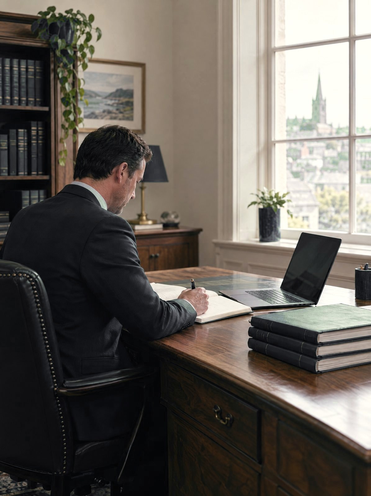 An adviser working with client records at a desk in the Gaffney Murphy & Co. office
