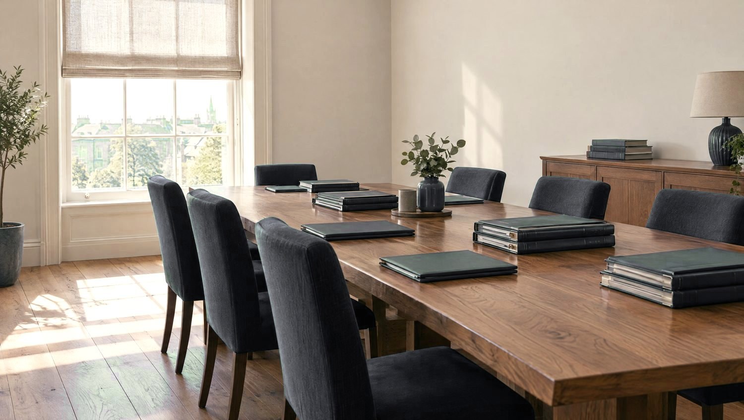 The meeting room at Gaffney Murphy & Co., with bound client ledgers laid out along the table