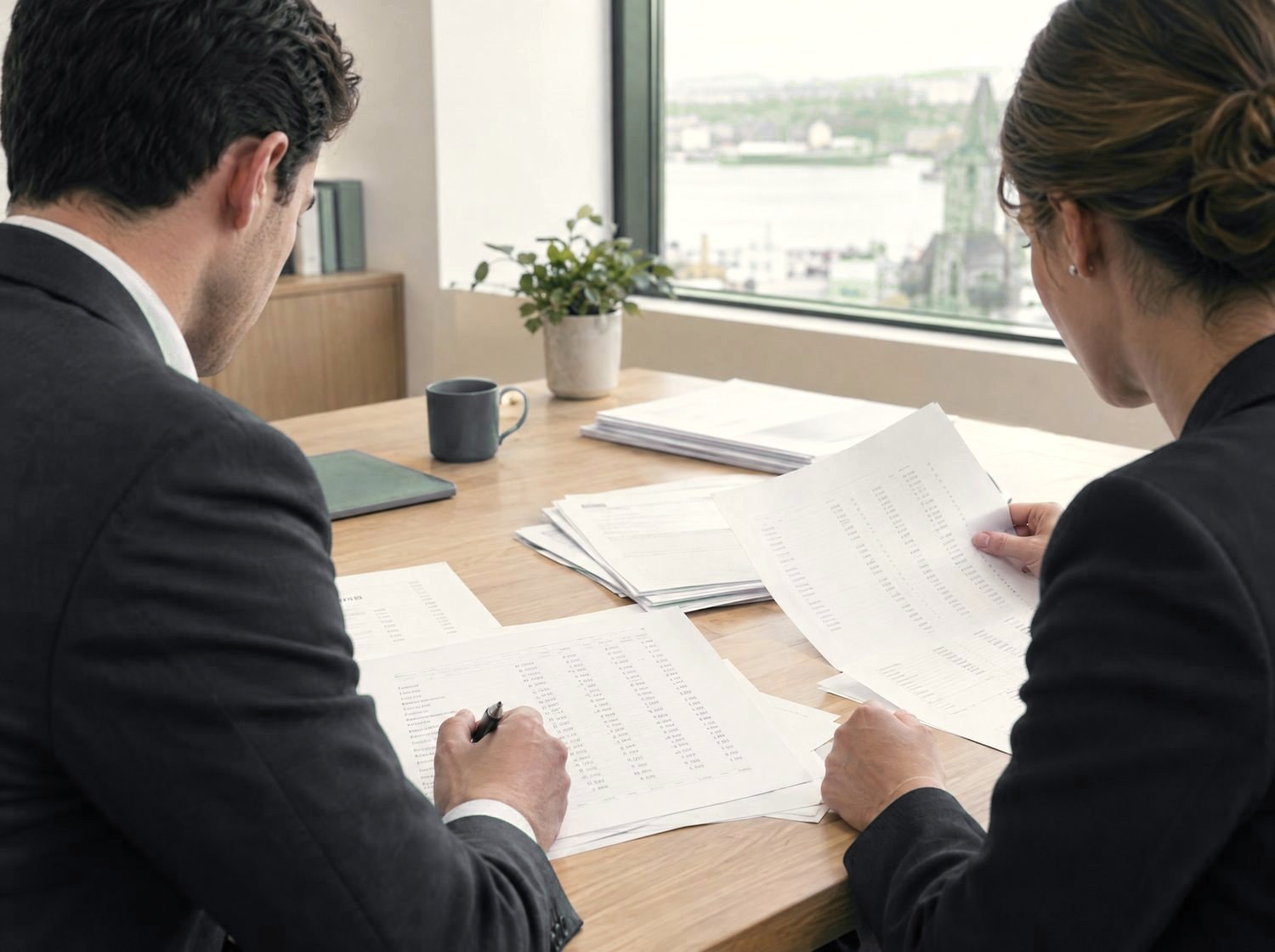 Two accountants reviewing printed annual financial statements and supporting papers across a table in a bright office